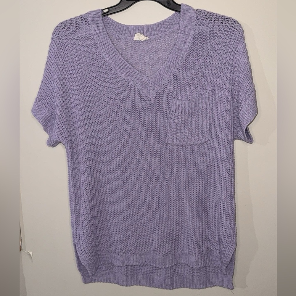 Women's Knit V-Neck Short Sleeve Top Pocket Casual Pullover medium boutique